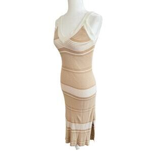 Endless Rose Cream and Tan Summer Ribbed Knit Midi Dress- Medium